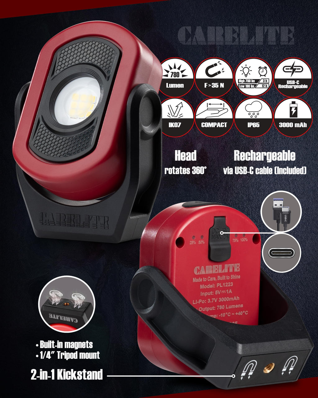 Magnetic Work Light 780 Lumen Rechargeable 3000mAh Red G447426