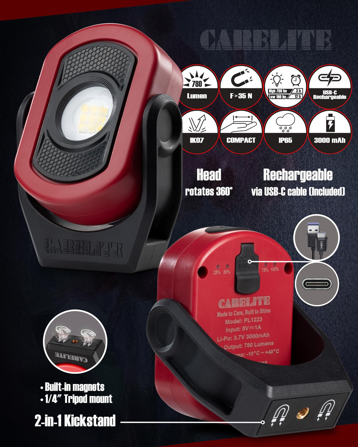 Magnetic Work Light 780 Lumen Rechargeable 3000mAh Red G447426