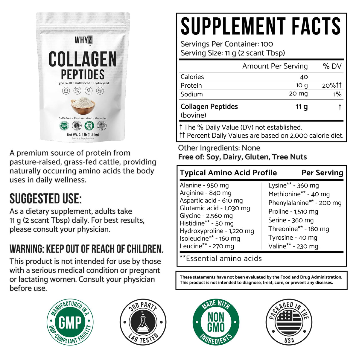 Bovine Collagen Peptides Powder, Hydrolyzed Type I & III, Grass-Fed Unflavored, 2.4lb E569525