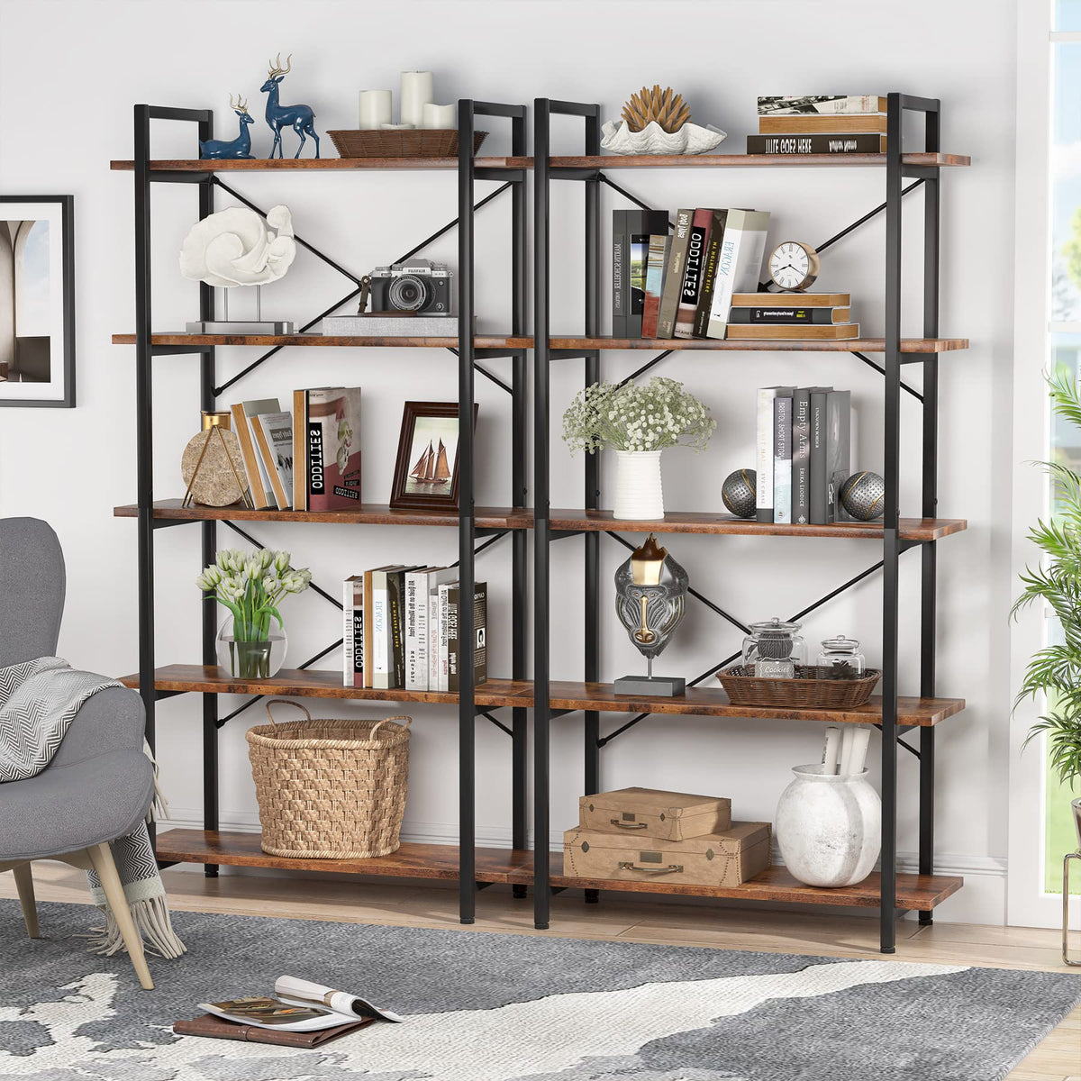 5 Tier Industrial Bookshelf with Metal Frame S925460