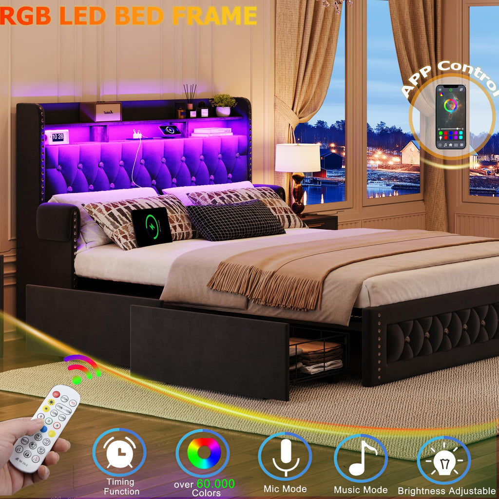 Queen Size Velvet Upholstered Platform Bed with 4 Storage Drawers M539542