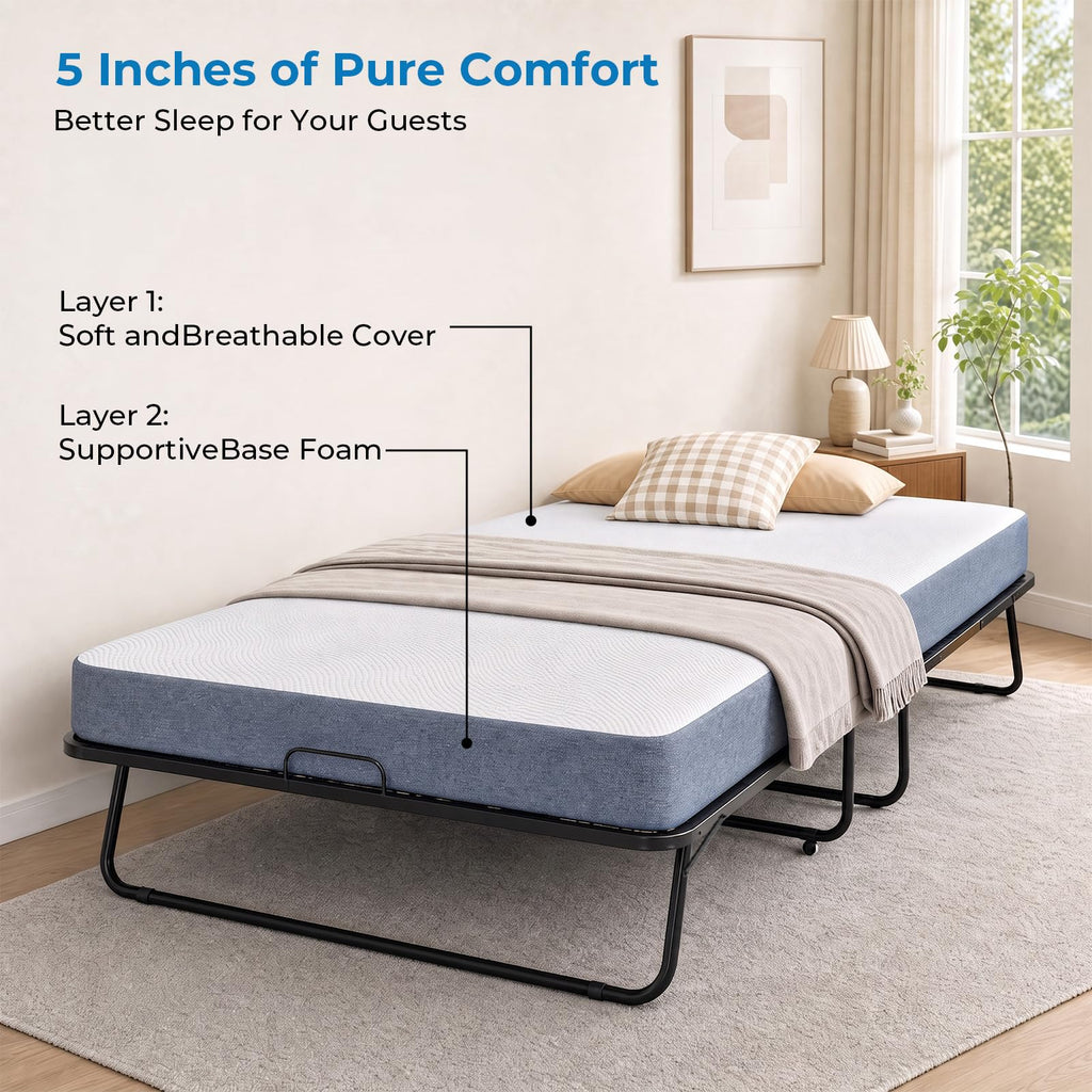 Folding Bed with 5" Foam Mattress Queen Size Metal Frame X5512