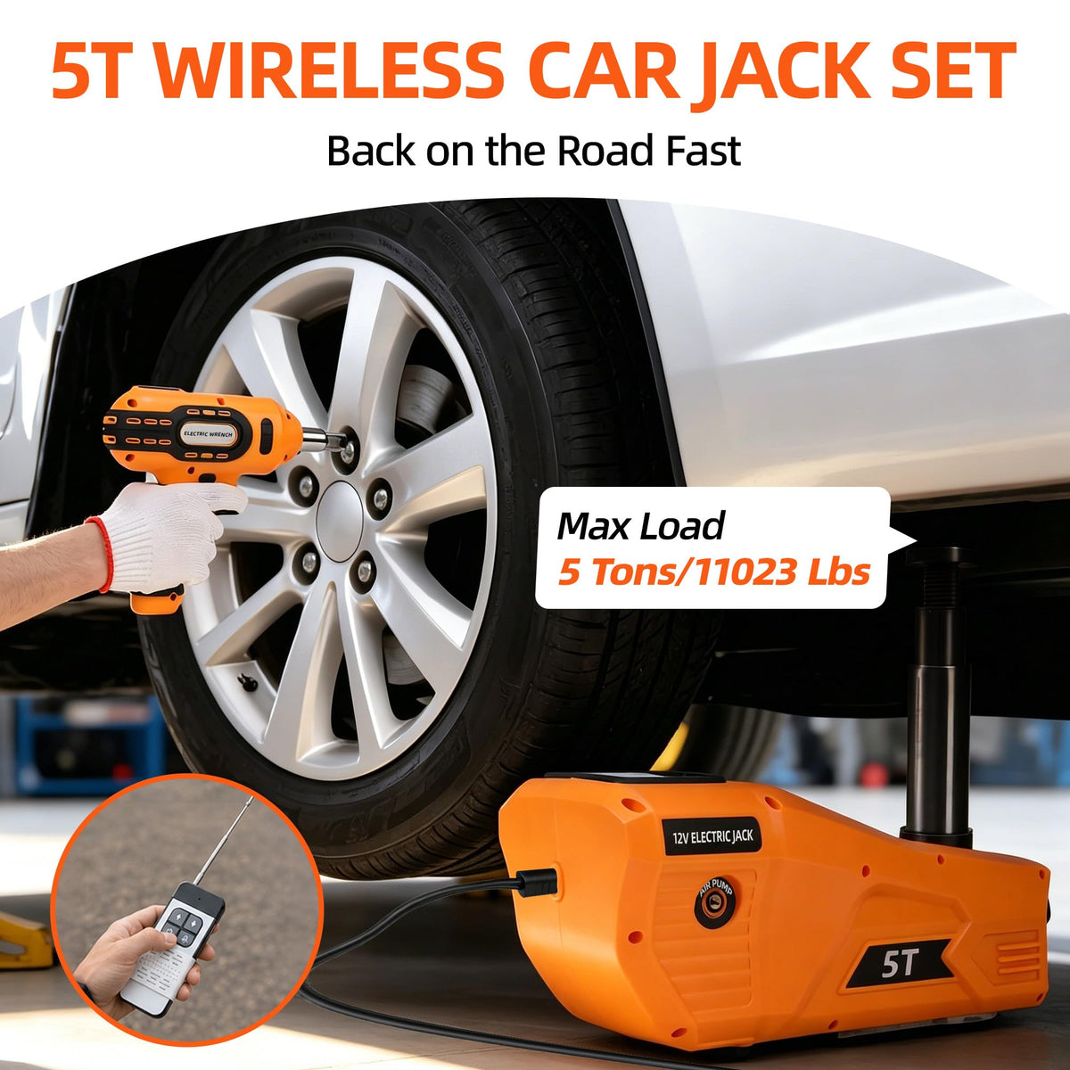 5 Ton 12V Electric Car Jack Kit with Impact Wrench and Tire Inflator Pump O599763
