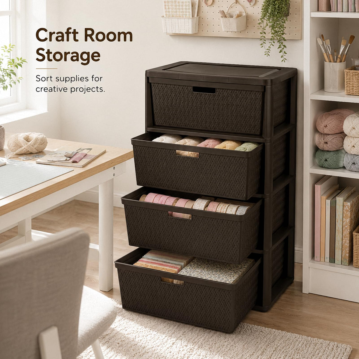 Brown 4 Drawer Plastic Storage Tower Q8126
