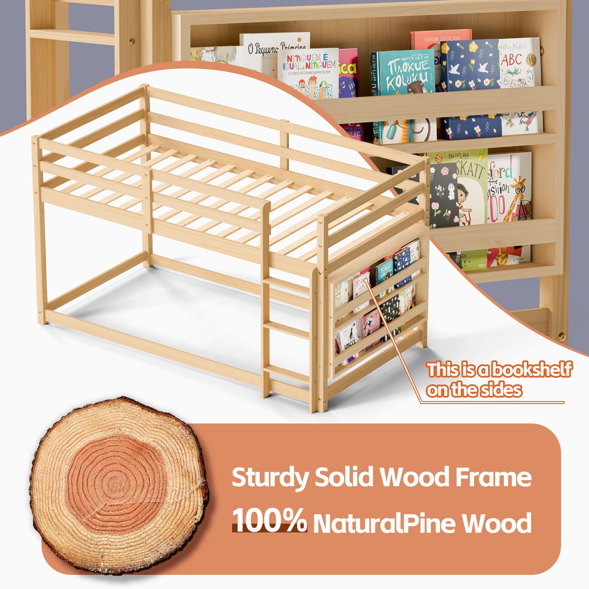 Twin Over Twin Wooden Bunk Bed with Ladder and Guardrails L411180