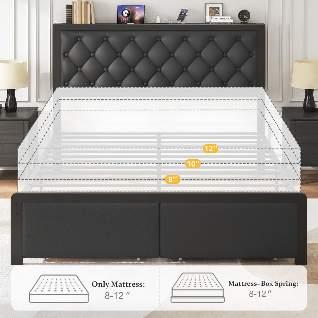 Queen Bed Frame with Upholstered Headboard and 2 Storage Drawers R491192