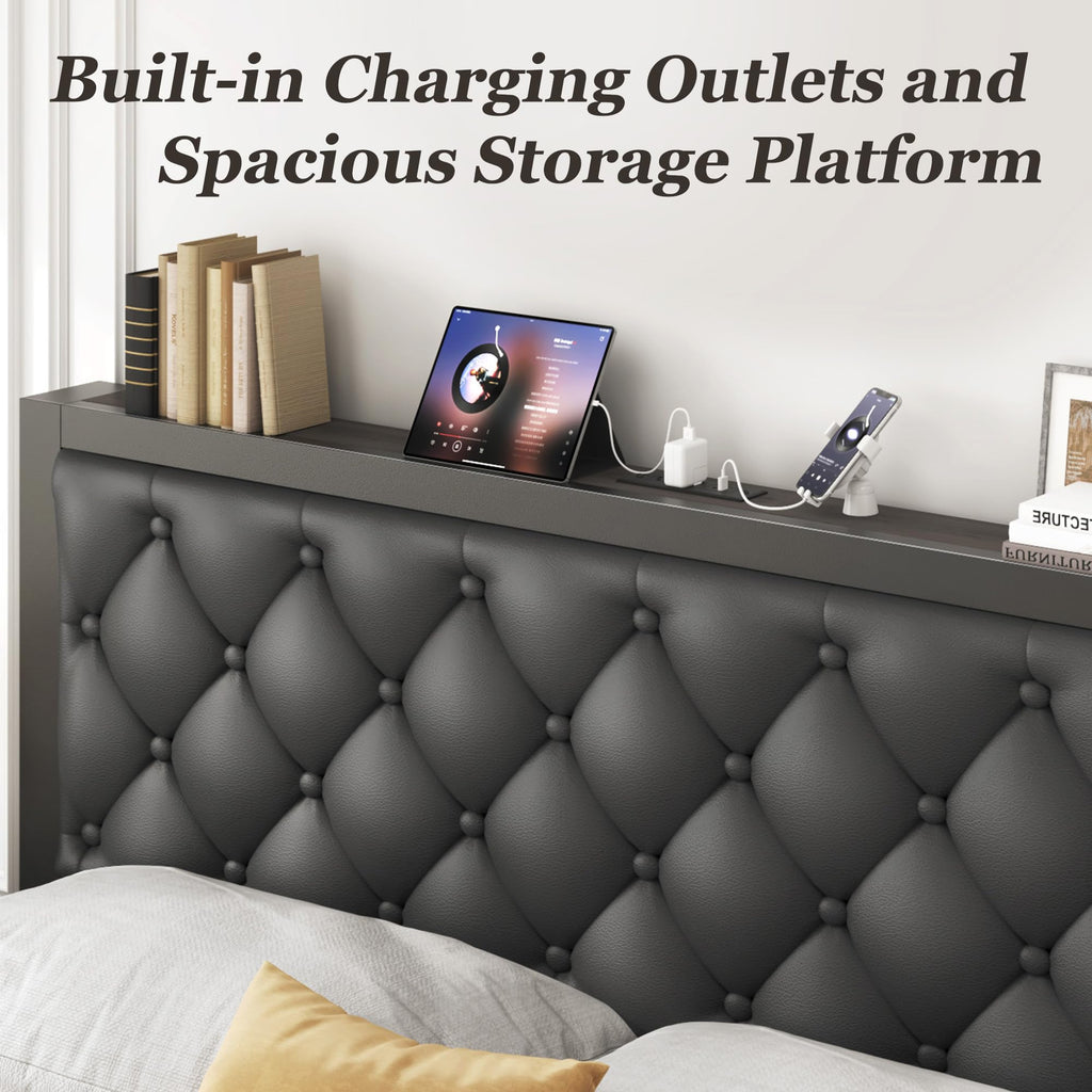 Queen Bed Frame with Upholstered Headboard and 2 Storage Drawers R491192