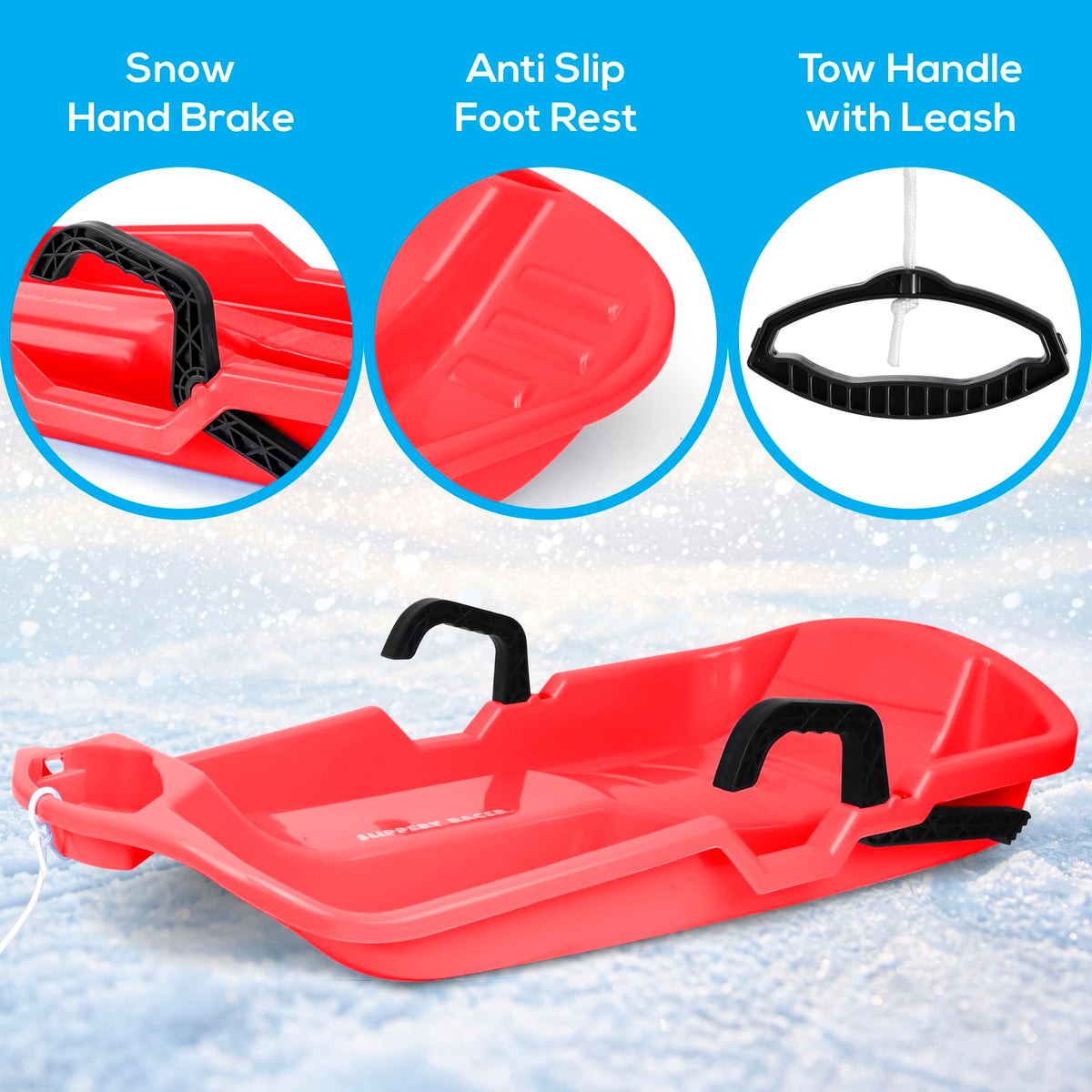 Red Flexible Plastic Toboggan Snow Sled with Brake Z2696