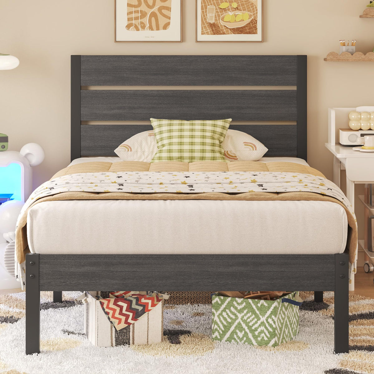Twin Metal Bed Frame with Headboard and Under Bed Storage M5747