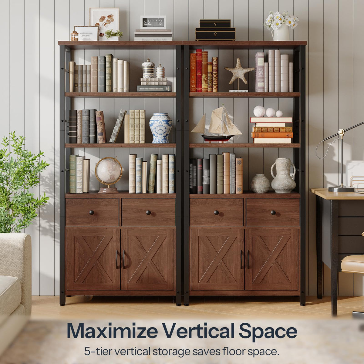 Wooden and Metal Bookshelf with Doors and Drawers G45332