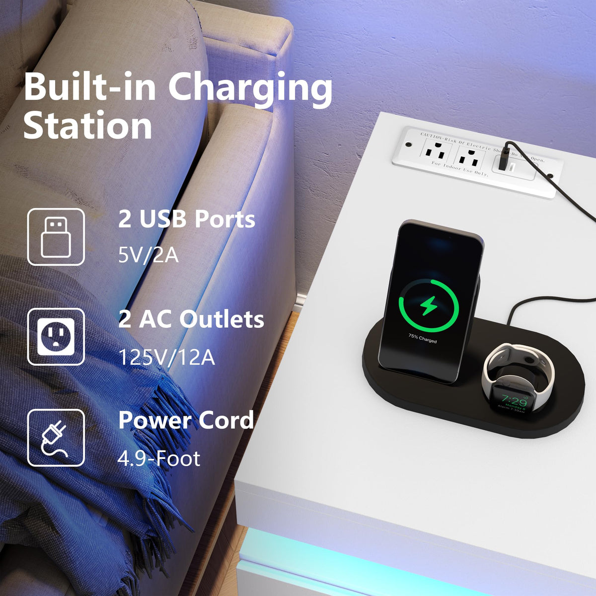 White Nightstand with Charging Station and LED Lights S52358