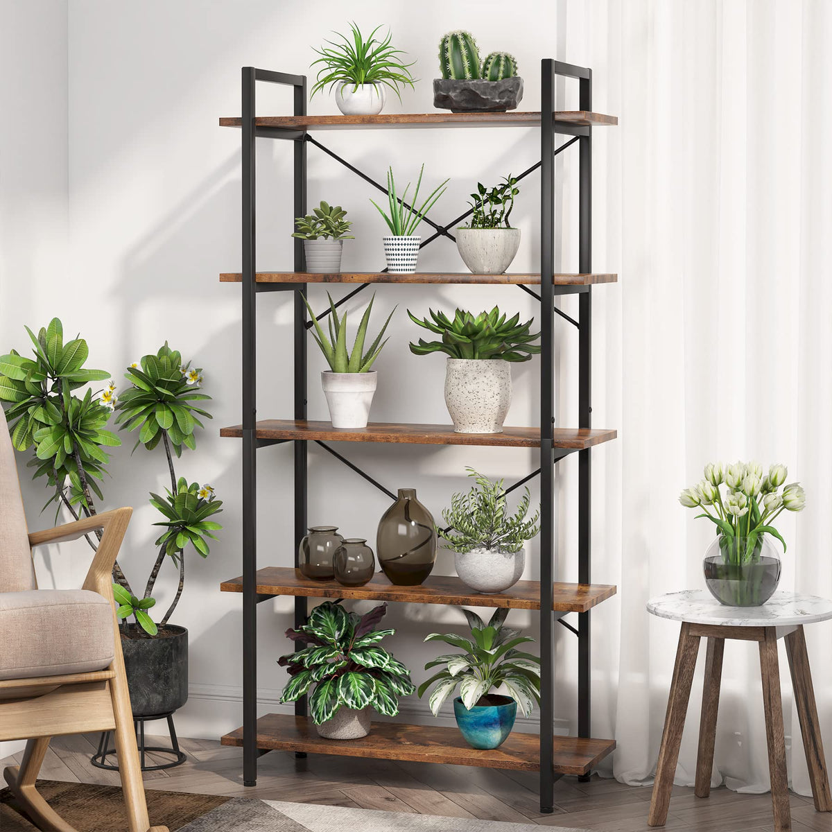 5 Tier Industrial Bookshelf with Metal Frame S925460
