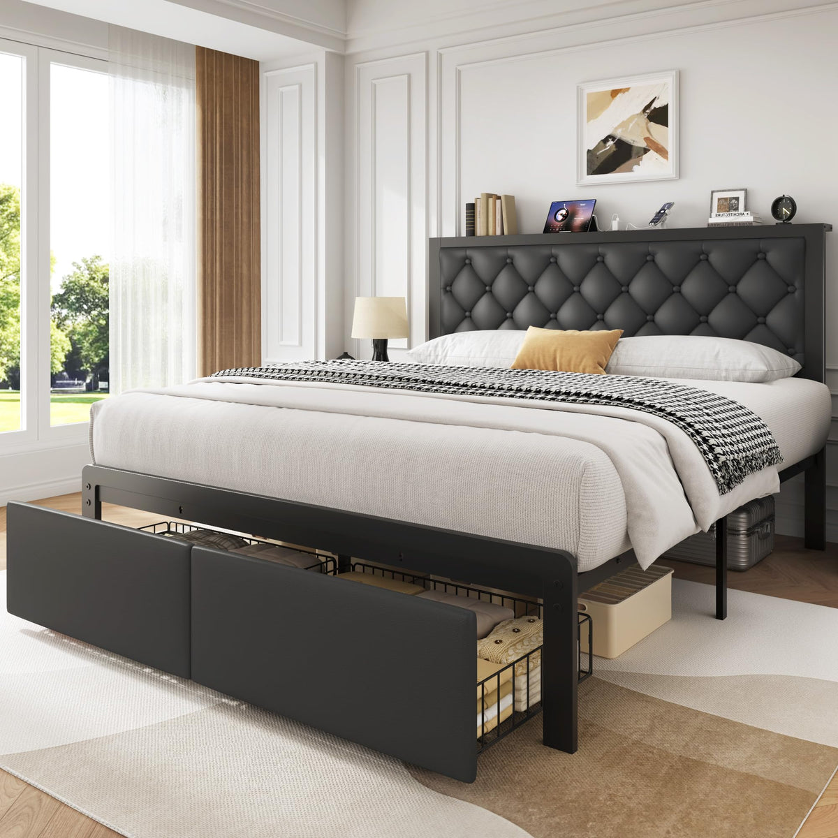 Queen Bed Frame with Upholstered Headboard and 2 Storage Drawers R491192