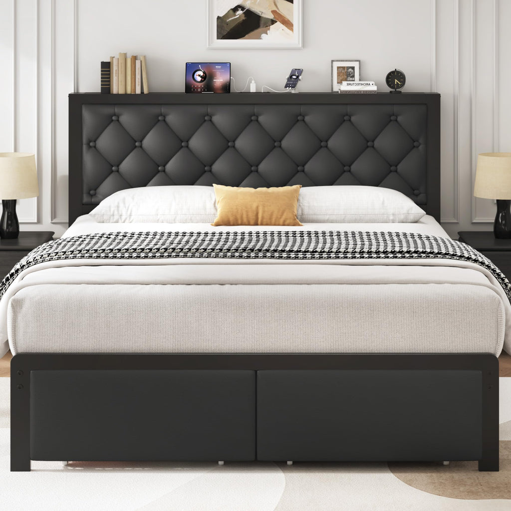 Queen Bed Frame with Upholstered Headboard and 2 Storage Drawers R491192
