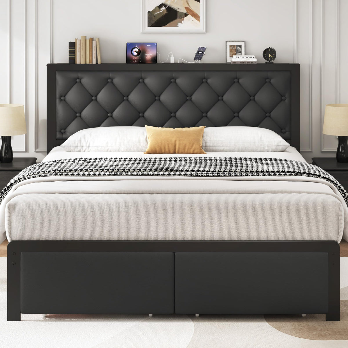 Queen Bed Frame with Upholstered Headboard and 2 Storage Drawers R491192