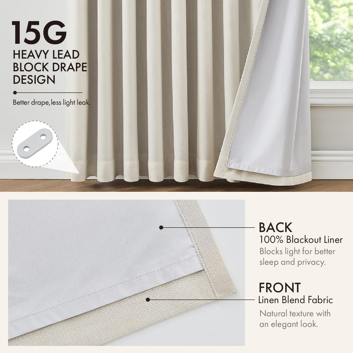 90 Inch Pinch Pleated Blackout Linen Curtains, 2 Panels X650