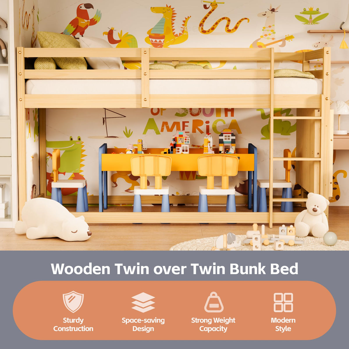 Twin Over Twin Wooden Bunk Bed with Ladder and Guardrails L411180