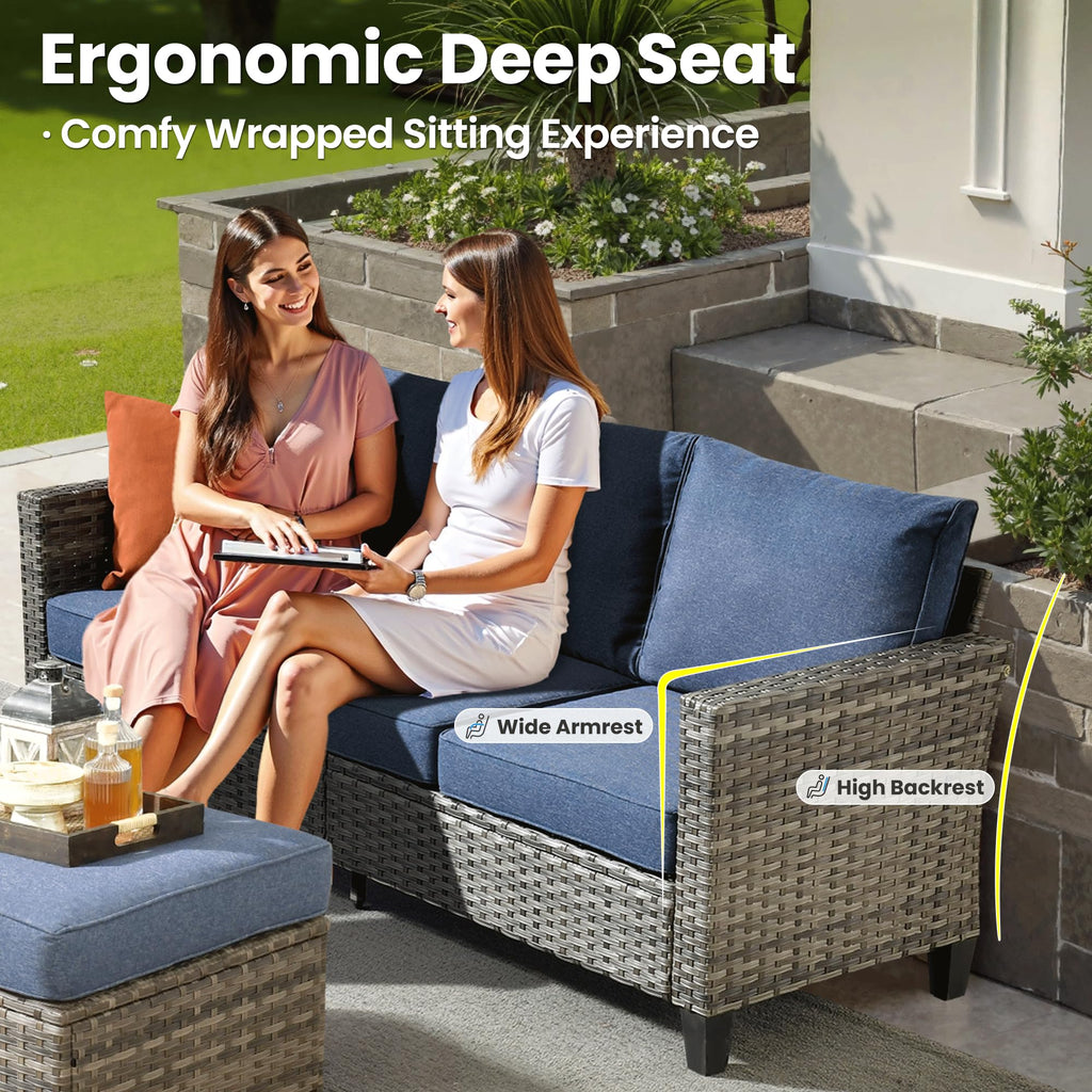 3 Pieces Wicker Patio Sofa Set with Ottomans Denim Blue P8842
