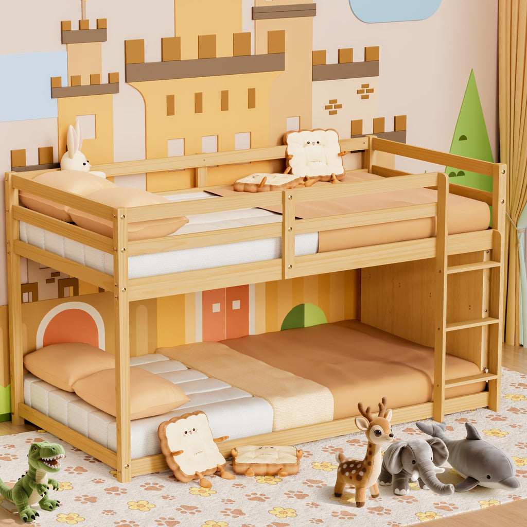 Twin Over Twin Wooden Bunk Bed with Ladder and Guardrails L411180