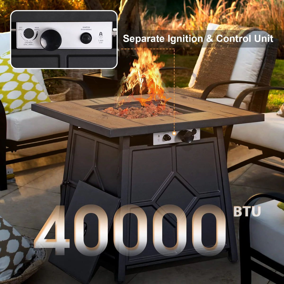 Beige 4 Piece Outdoor Wicker Sectional Sofa with Fire Pit Table J32701