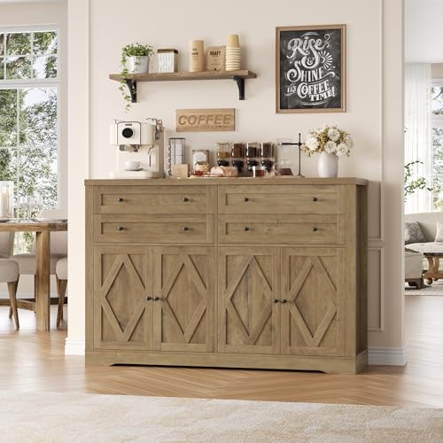 55" Coffee Bar with 4 Large Drawers, Tall Buffet Cabinet with Storage, Adjustable Shelves, Ash Grey P323