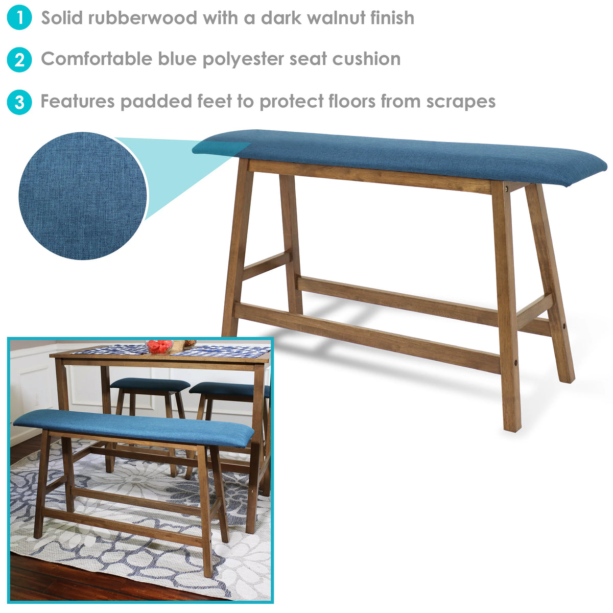 Wooden Counter-Height Dining Bench with Blue Cushion U2002