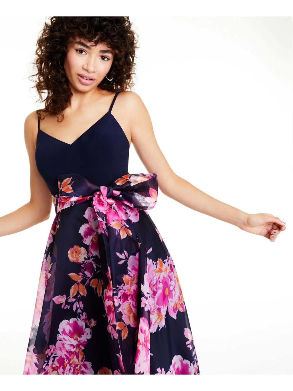 Navy Floral Spaghetti Strap V Neck Full-Length Fit + Flare Dress S1647