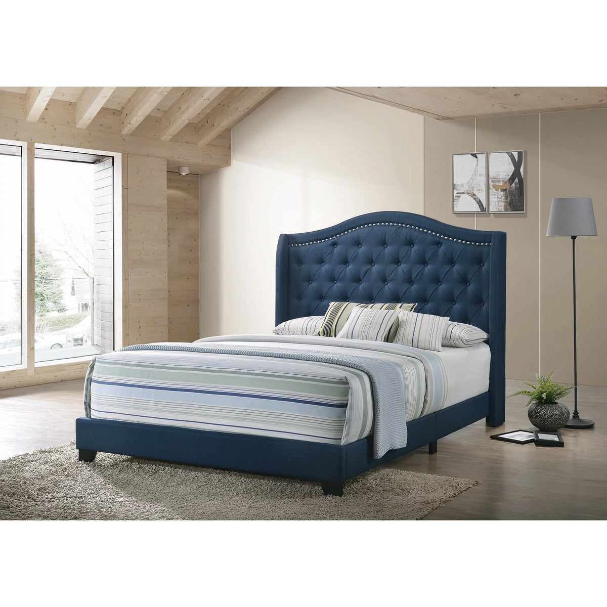 Navy Blue Upholstered Queen Headboard Bed with Nailhead Trim L223