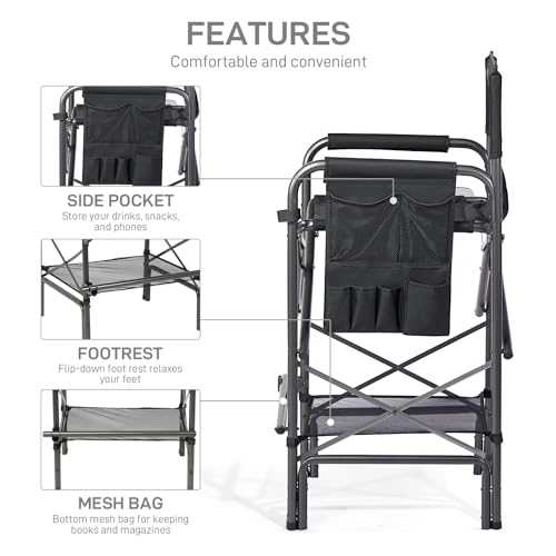 Tall Folding Chair with Side Table Cup Holder Storage Pocket Blue Grey G7408