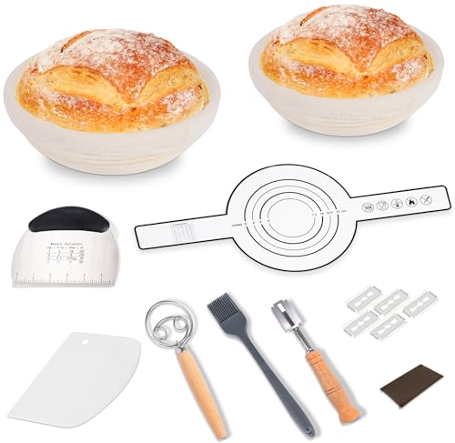 9" & 10" Round Sourdough Proofing Basket with Linen Liner, Silicone Bread Sling, Bread Lame, Danish Dough Whisk, Dough Scraper Kit, Silicone Brush & Bowl Scraper Y758227