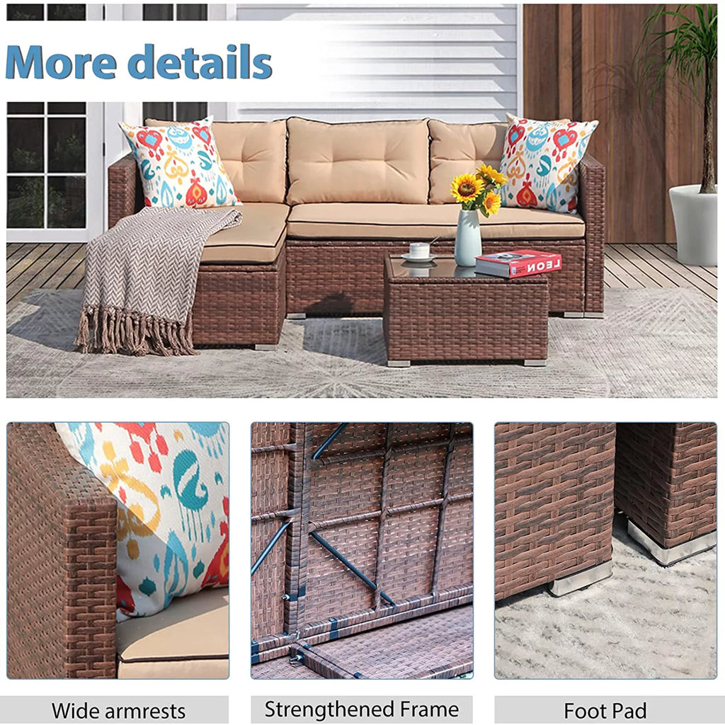 Beige 4 Piece Outdoor Wicker Sectional Sofa with Fire Pit Table J32701