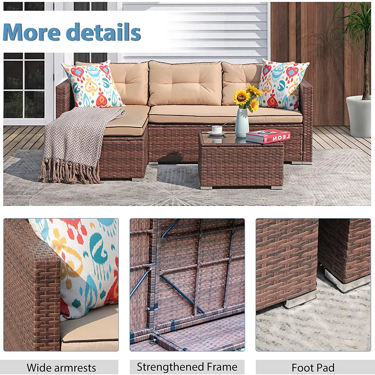 Beige 4 Piece Outdoor Wicker Sectional Sofa with Fire Pit Table J32701
