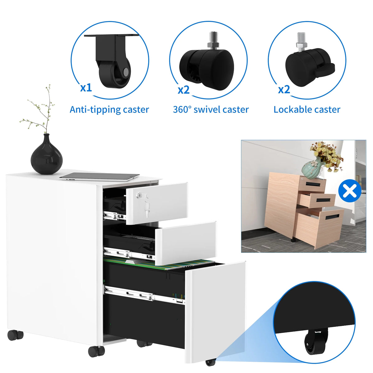 3-Compartment Locking Steel File Cabinet, White V710