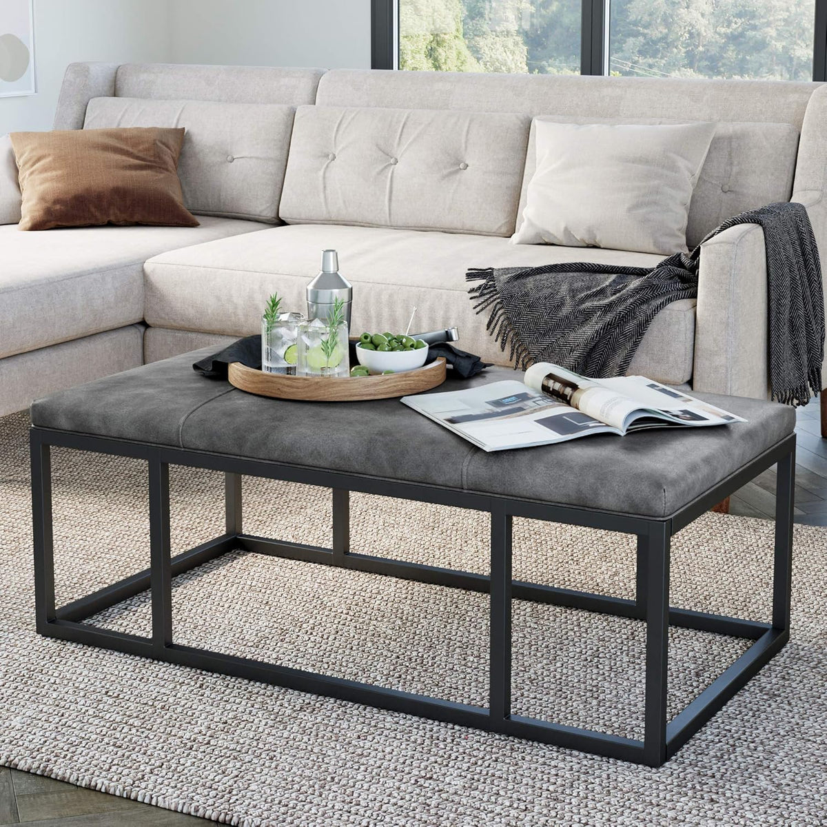 Walnut Acacia Veneer and Metal Rectangle Coffee Table Y4394