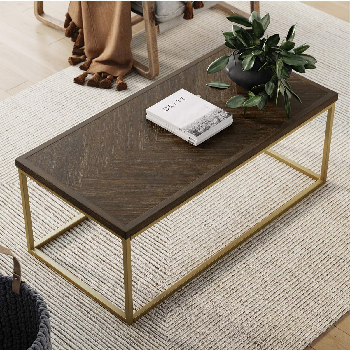 Walnut Acacia Veneer and Metal Rectangle Coffee Table Y4394