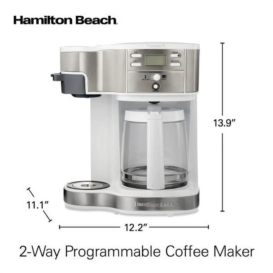 2-Way Programmable Coffee Maker, Single-Serve and 12 Cup Glass Carafe, White V205