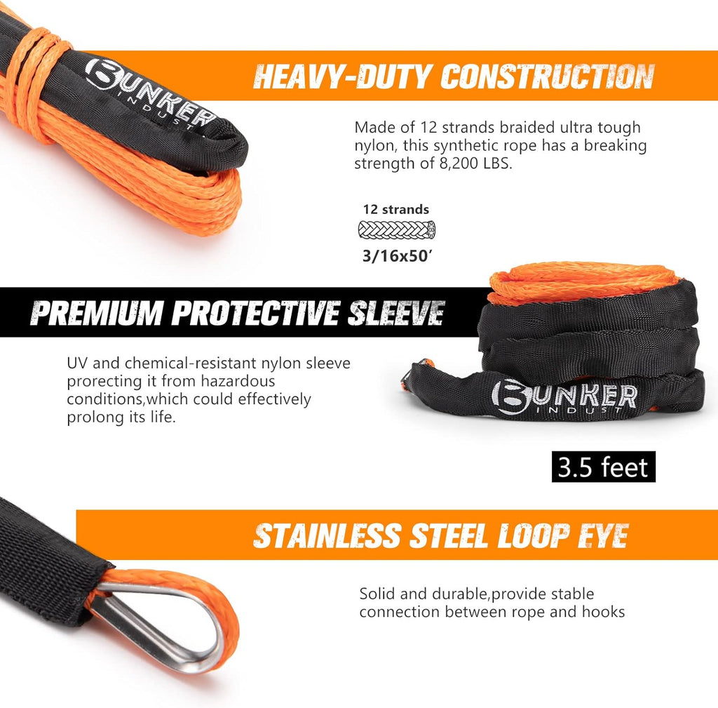 Synthetic Winch Rope Kit 3/16 x 50' 8200 LBS Orange Pack of 2 U3702
