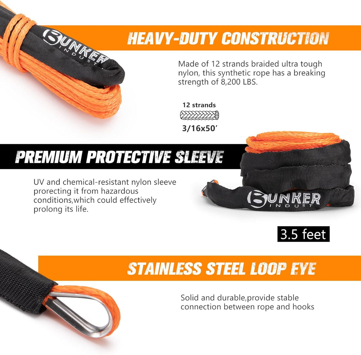 Synthetic Winch Rope Kit 3/16 x 50' 8200 LBS Orange Pack of 2 U3702