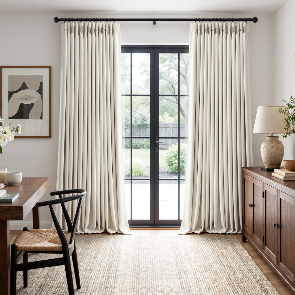 90 Inch Pinch Pleated Blackout Linen Curtains, 2 Panels X650