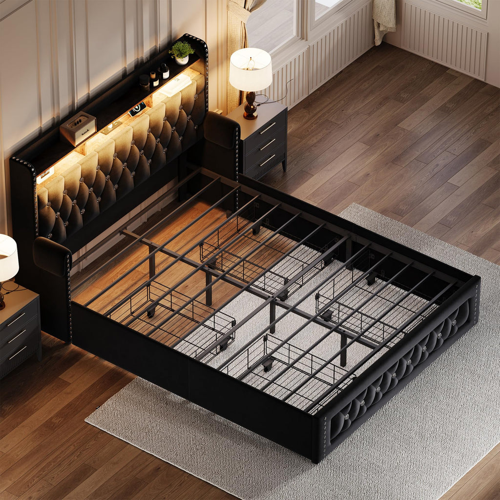 Queen Size Velvet Upholstered Platform Bed with 4 Storage Drawers M539542