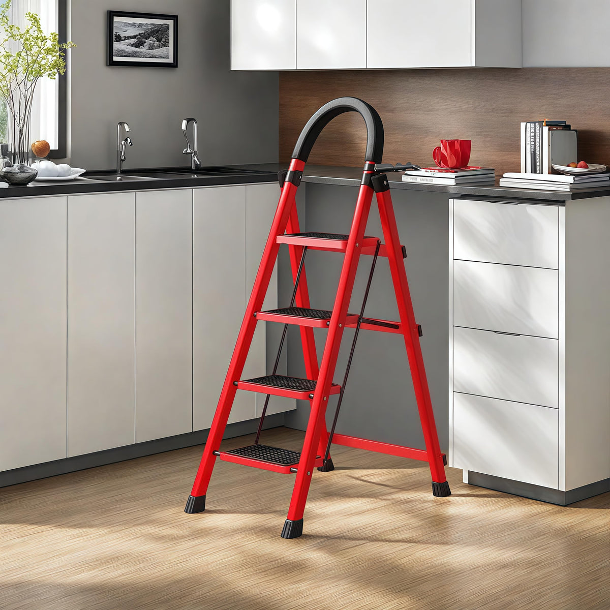 4 Step Folding Ladder with Handrails, Heavy Duty 800 lbs Step Stool U3517
