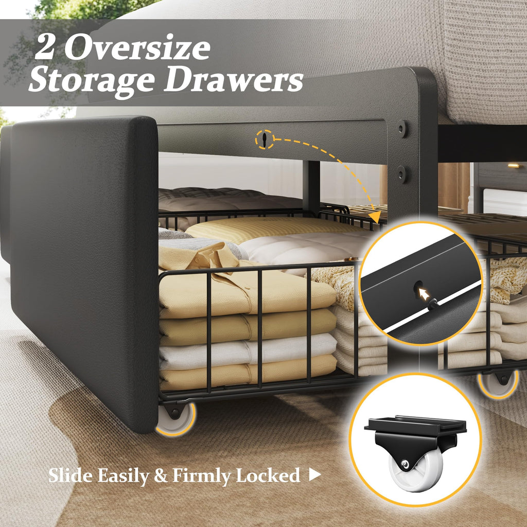 Queen Bed Frame with Upholstered Headboard and 2 Storage Drawers R491192