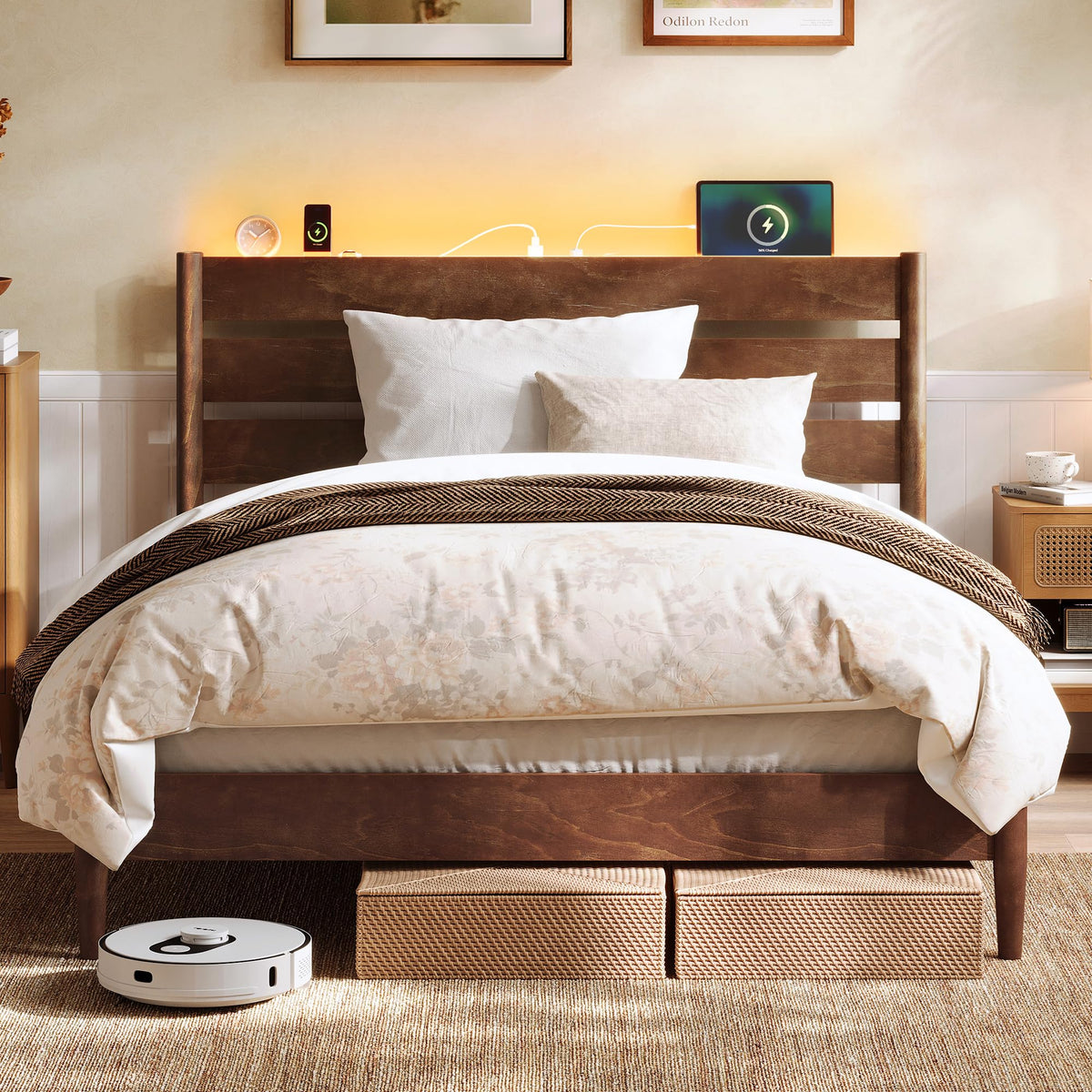 Full Wood Platform Bed with Headboard Storage Shelf O18593