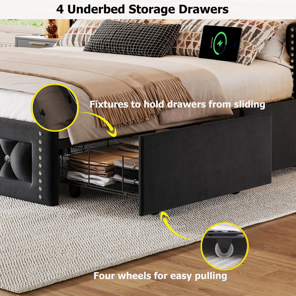 Queen Size Velvet Upholstered Platform Bed with 4 Storage Drawers M539542