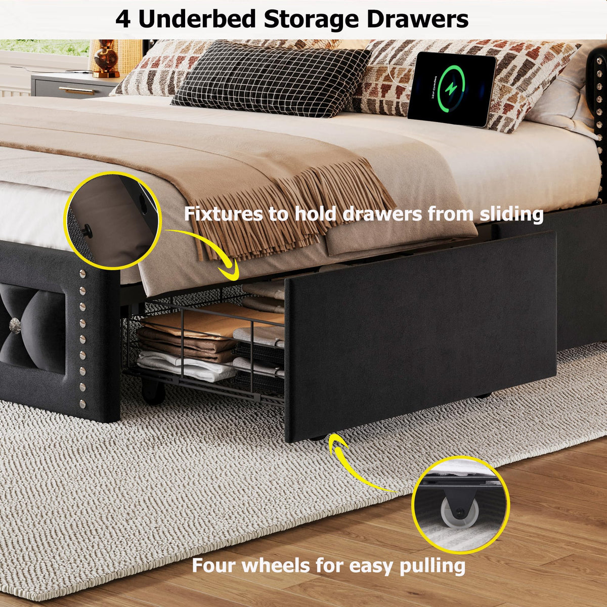 Queen Size Velvet Upholstered Platform Bed with 4 Storage Drawers M539542