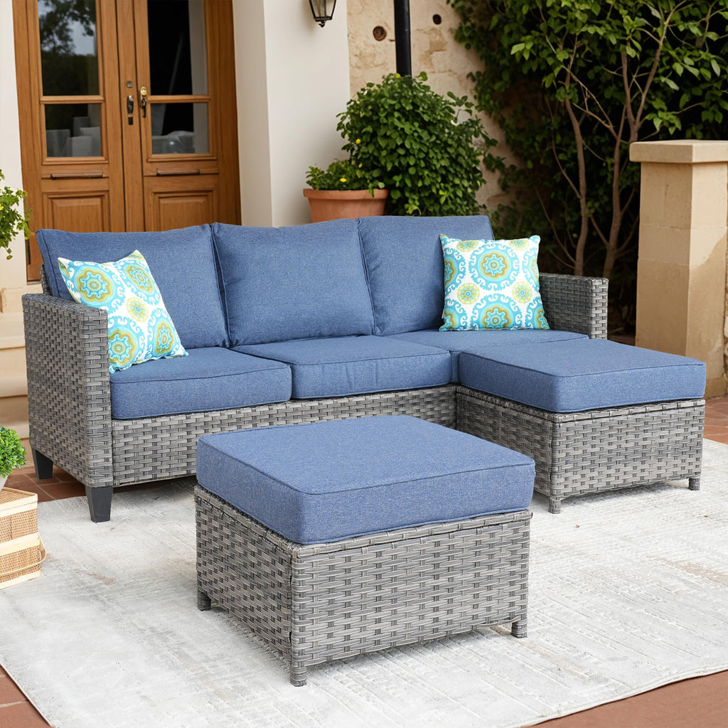 3 Pieces Wicker Patio Sofa Set with Ottomans Denim Blue P8842