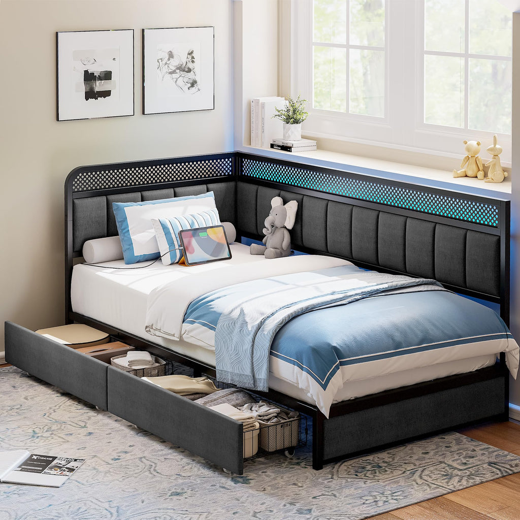 Twin Corner Bed Frame with Upholstered Guardrail Q7466
