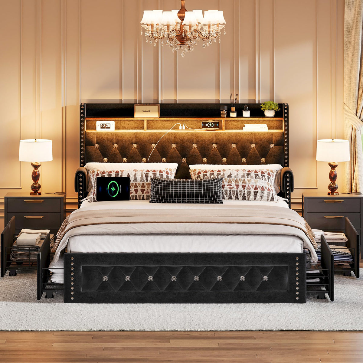 Queen Size Velvet Upholstered Platform Bed with 4 Storage Drawers M539542