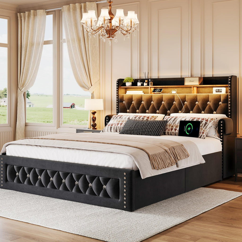 Queen Size Velvet Upholstered Platform Bed with 4 Storage Drawers M539542