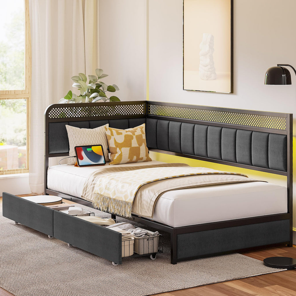 Twin Corner Bed Frame with Upholstered Guardrail Q7466